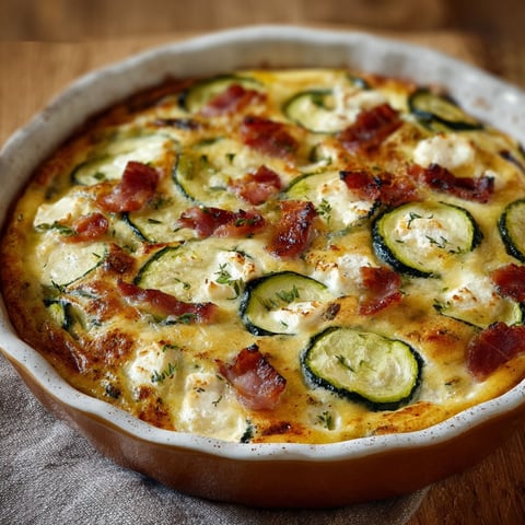 Une belle part de clafoutis salé garnie de courgettes, lardons et chèvre frais dans un joli plat familial.