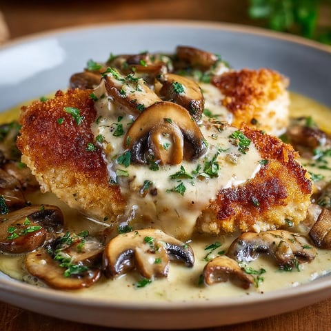Un plat de poulet bien doré, croustillant, avec une sauce aux champignons et parmesan, servi sur un plat convivial.