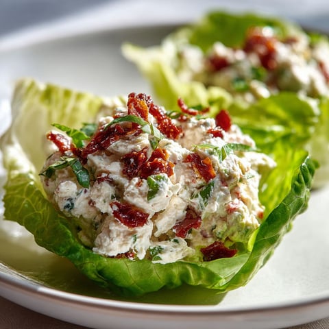 Une assiette de coupelles de laitue remplies de ricotta, de jambon blanc et de tomates séchées.