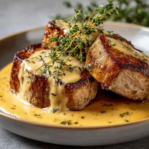 Filet de porc doré nappé d'une sauce au thym crémeuse.