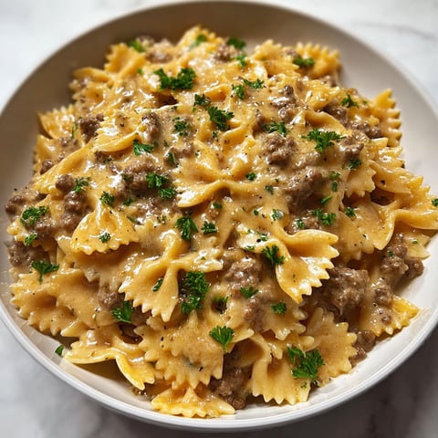 Un joli bol de pâtes papillon nappées de sauce onctueuse et viande hachée.