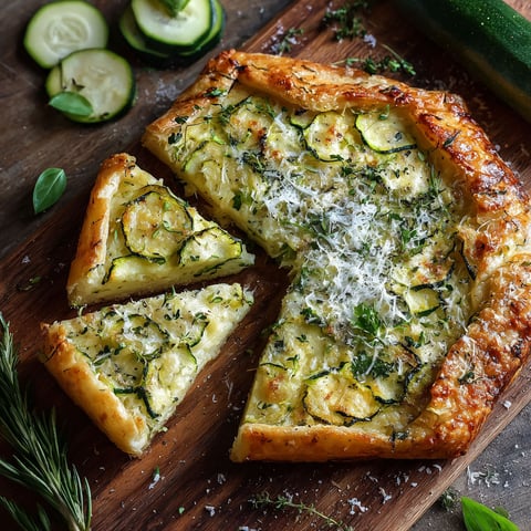 Galette tendre courgettes parmesan, posée sur un plateau en bois.