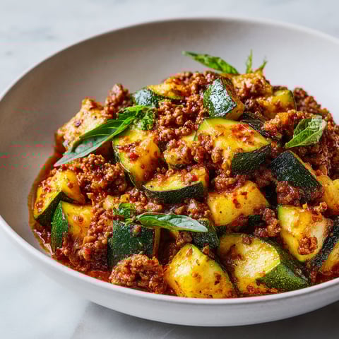 Plat de courgettes façon Bolognaise, ultra fondantes et pleines d’arômes, couronné d’herbes fraîches.