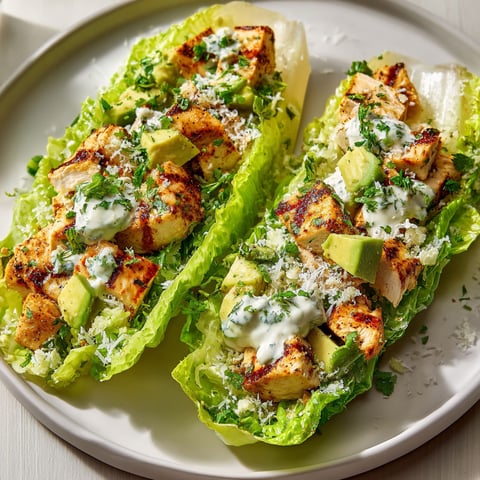 Barquettes de romaine garnies poulet miel-citron vert et avocat, prêtes à être dégustées.