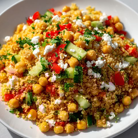 Sur un plateau, une belle salade de couscous mélangée à pois chiches, carottes et poivrons arrive pleine de couleurs.