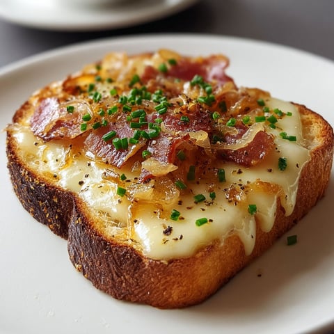 Du pain grillé garni de fromage fondu avec lardons et oignons, et un café à côté.