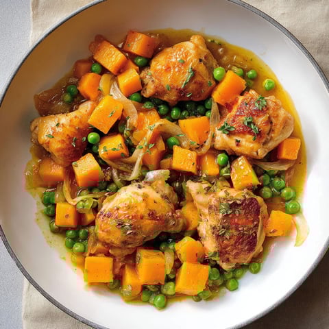 Poulet avec courge et fleur d’ail, légumes et carottes sur un plateau, prêt à être dégusté.