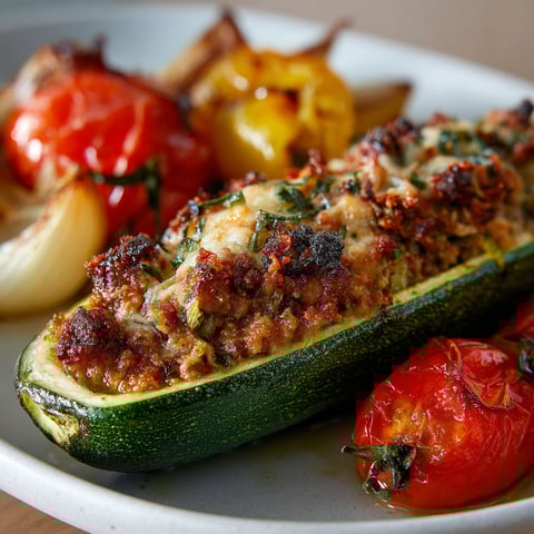 Courgette généreusement garnie de veau et de parmesan, entourée de légumes rôtis et de tomates colorées.
