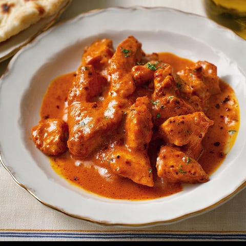 Une assiette gourmande de poulet au beurre express, nappée de sauce rouge et parsemée d'herbes fraîches, sur la table.