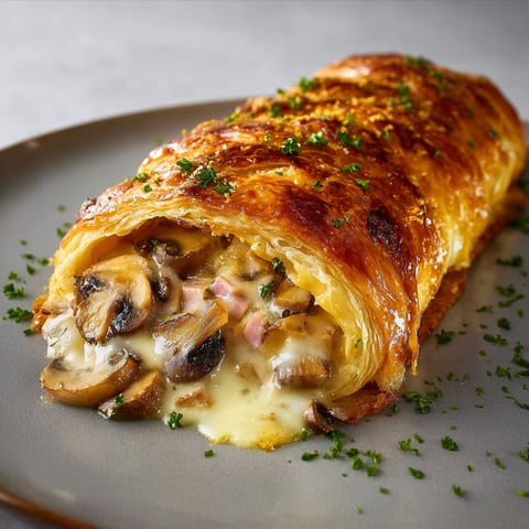 Sur une jolie assiette, on trouve un feuilleté garnis de champignons et jambon coupé, tout chaud.