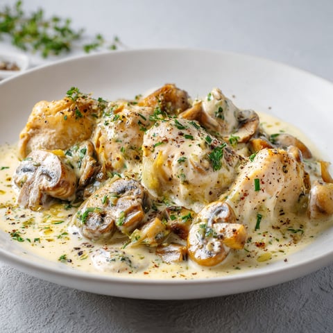 Bol blanc rempli d’un mélange de poulet crémeux et champignons, prêt à manger.