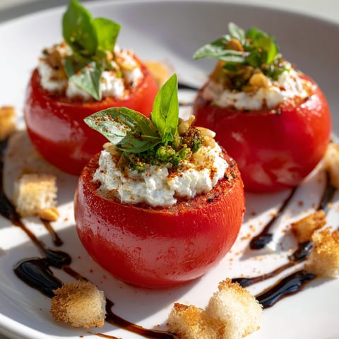 Des tomates fraîches à la stracciatella servies sur assiette, avec crostini dorés et herbes fraîches.