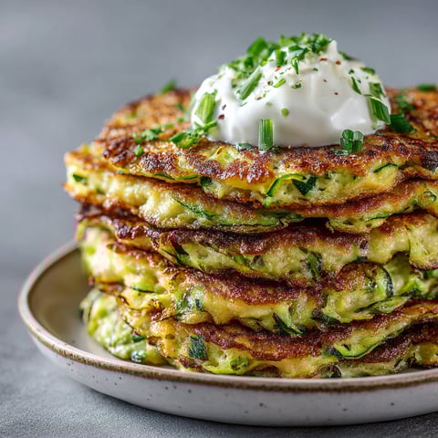 Sur un joli plateau, des crêpes soufflées aux courgettes sont empilées.