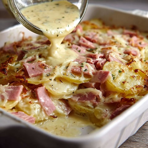 Une préparation de pommes de terre et jambon dorée dans un plat transparent.