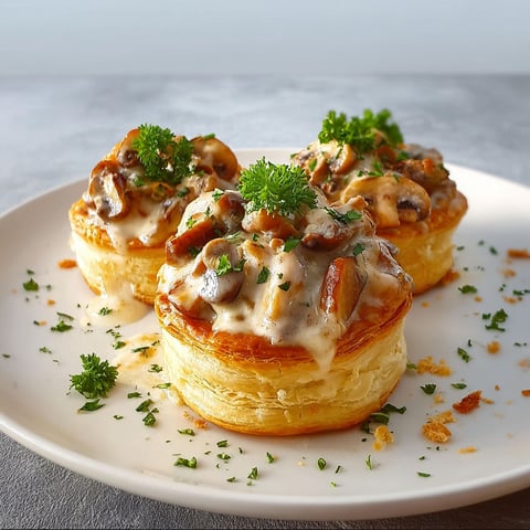 Une assiette blanche accueille de savoureux vol-au-vent au poulet et champignons.