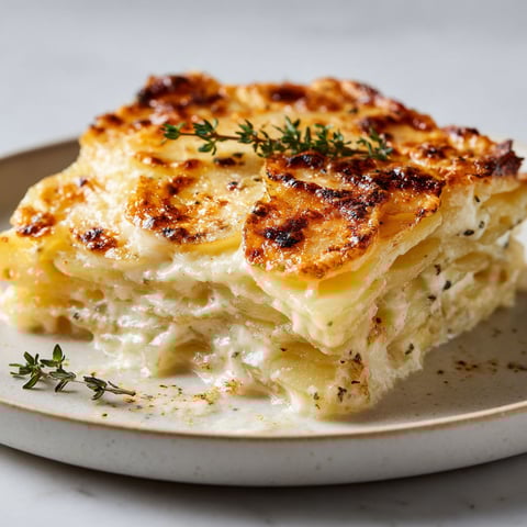 Une belle part de gratin dauphinois posée sur une assiette.