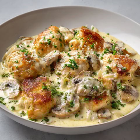 Une belle assiette de poulet à la crème pleine d’herbes et de champignons, posée sur une nappe claire.