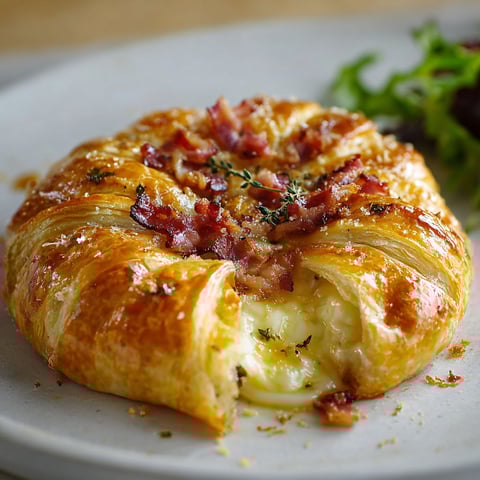 Feuilleté tout chaud au camembert et lardons posé sur une planche prête à servir.