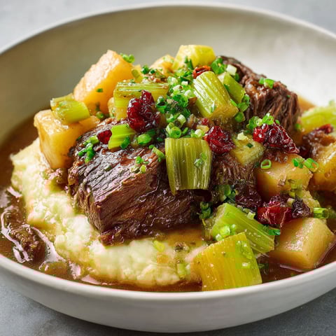 Une belle assiette de boeuf braisé aux deux céleris, servie avec légumes verts et pommes de terre fondantes.