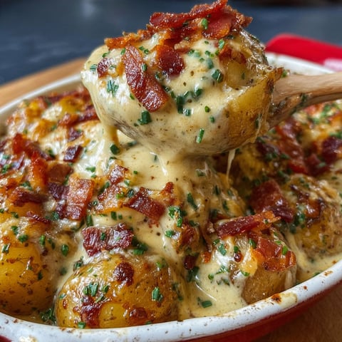 Plat de pommes de terre au fromage fondu, bacon et ail, prêt à être dégusté.