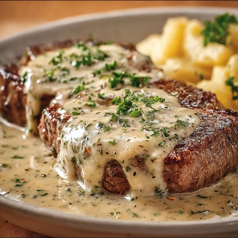 Steak Crémeux à l'Ail, un vrai bonheur avec des herbes fraîches et une sauce hyper douce, pour un moment gourmand assuré.