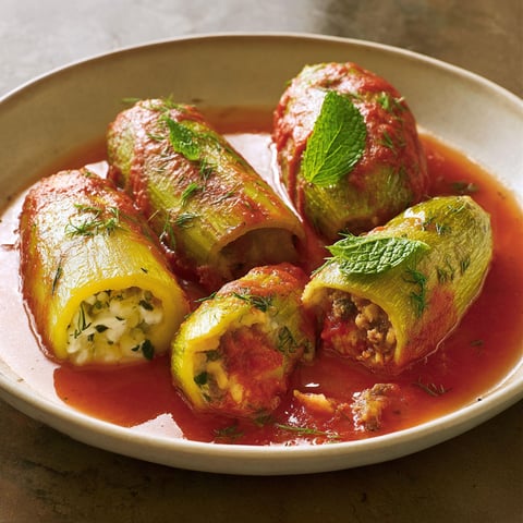 Des courgettes farcies baignées dans la sauce tomate.