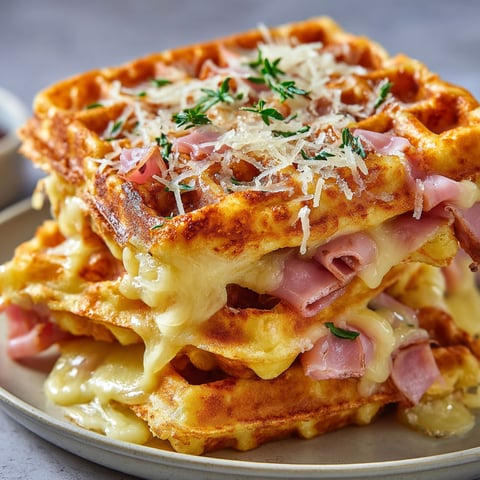 Quelques gaufres ultra fondantes garnies de jambon et fromage sur un joli plateau.