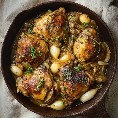 Des cuisses de poulet rôties entourées d’oignons, avec de l’ail entier, le tout dans une cocotte en fonte.