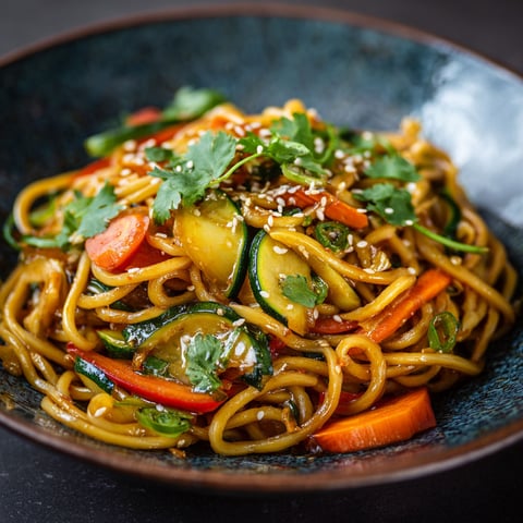 Une grande assiette de nouilles sautées pleines de légumes comme carottes, courgettes et quelques touches de vert, servies sur fond sombre.