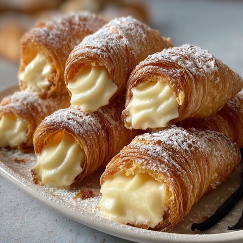 Des cornets feuilletés garnis de crème pâtissière sur une plaque.