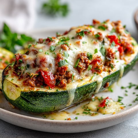 Courgette farcie de viande et fromage servie sur un plateau.