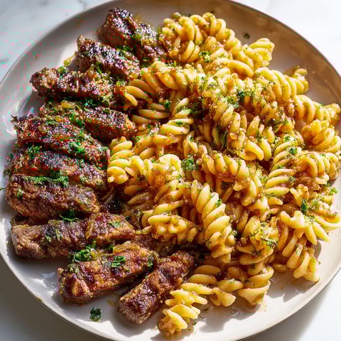 Assiette de steak tendre et rotinis enrobés au miel et à l'ail.