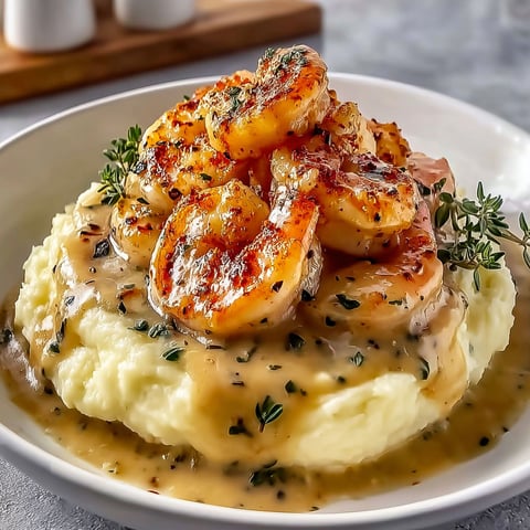 Assiette de crevettes à l’ail crémées servies sur une purée douce de pommes de terre.