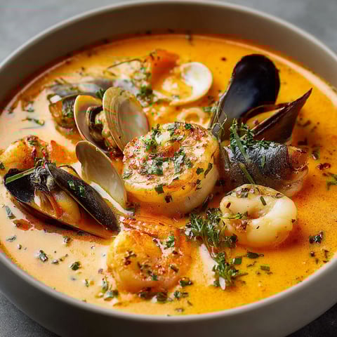 Un bol rempli d’une soupe bien crémeuse aux fruits de mer, avec des moules, langoustines et coquillages.