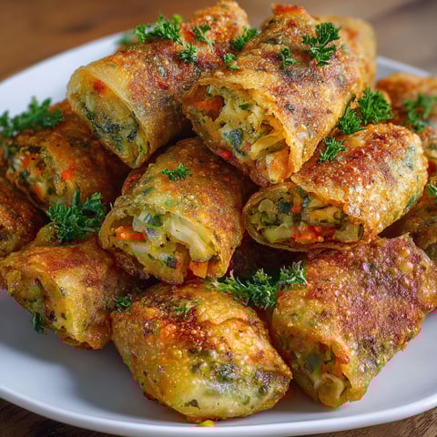 Des briouates aux légumes ultra croustillantes servies sur un joli plateau.