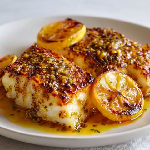 Poisson glacé nappé de moutarde, avec des morceaux de citron et quelques herbes fraîches.