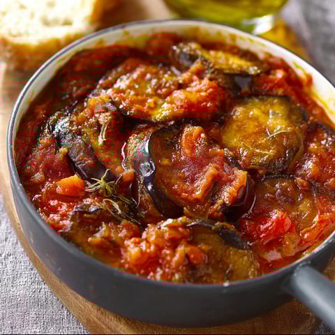 Une jolie cassolette d’aubergines en sauce tomate posée sur la table.