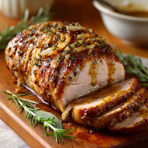 Rôti de porc doré avec herbes fraîches et touche de moutarde-miel à côté.
