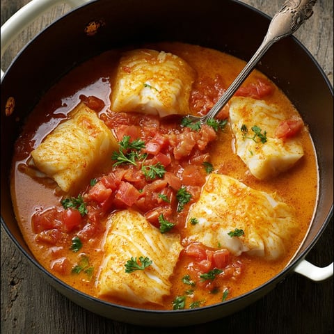 Un joli plat de lotte Armoricaine servi dans un bol en métal.