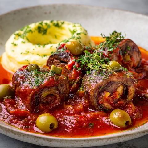 Plat de bœuf mariné dans la sauce tomate avec ail des ours.