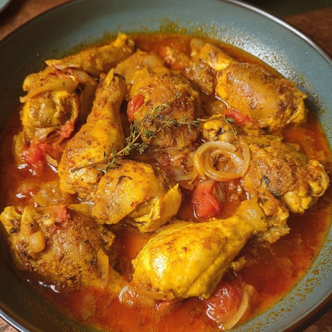 Un grand bol bleu rempli d’un cari de poulet réunionnais fumant prêt à être servi.