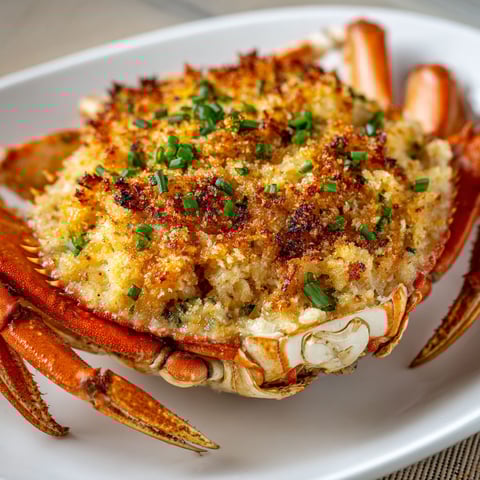 Une assiette de crabe farci servie sur un plat coloré.