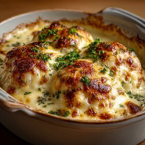 Sur la table, une grande casserole de quenelles de volaille gratinées avec du comté tout fondant.