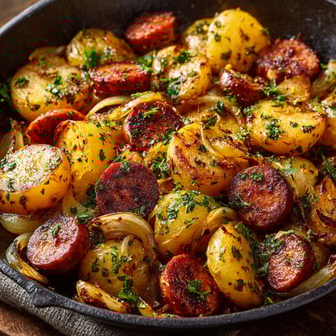 Des pommes de terre dorées et des saucisses fumées, pleines d’herbes fraîches, dans un joli bol posé sur la table.