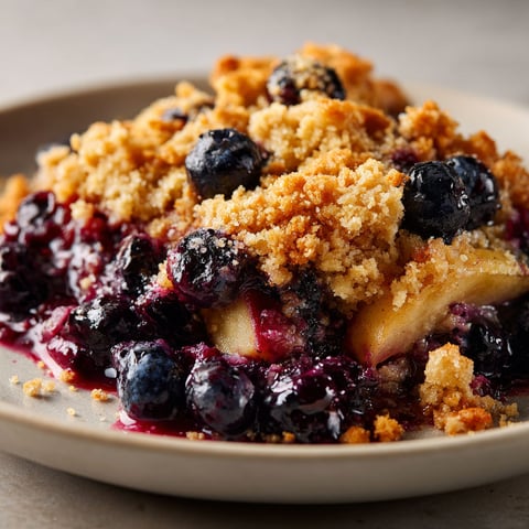 Un dessert sain aux bleuets et pommes fondantes présenté dans un plat en céramique, prêt à être partagé.