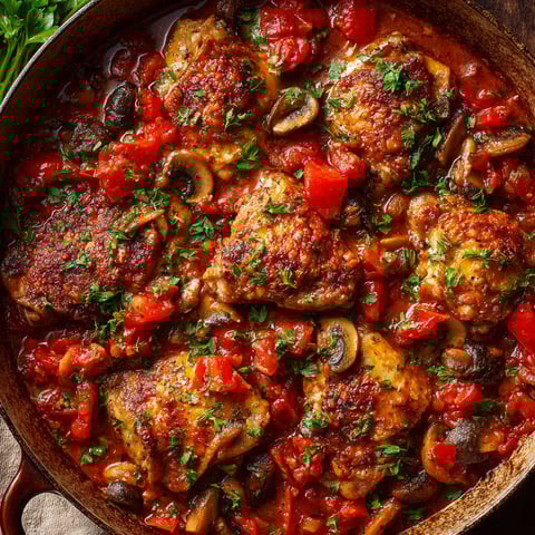 Poulet cacciatore fumant, baignant dans une sauce aux tomates, champignons et aromates.