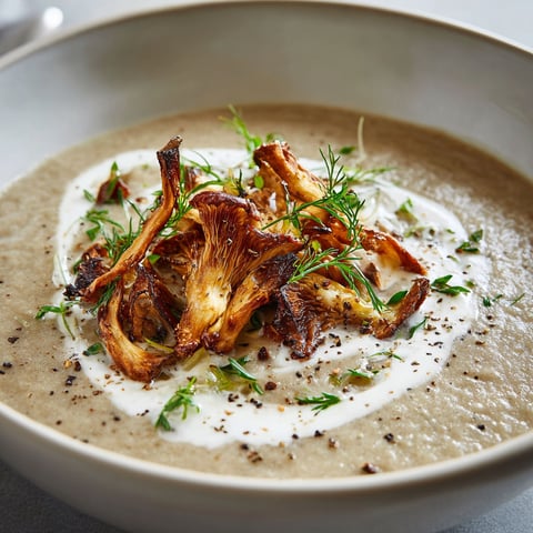 Un bol de soupe aux champignons bien chaude sur la table.