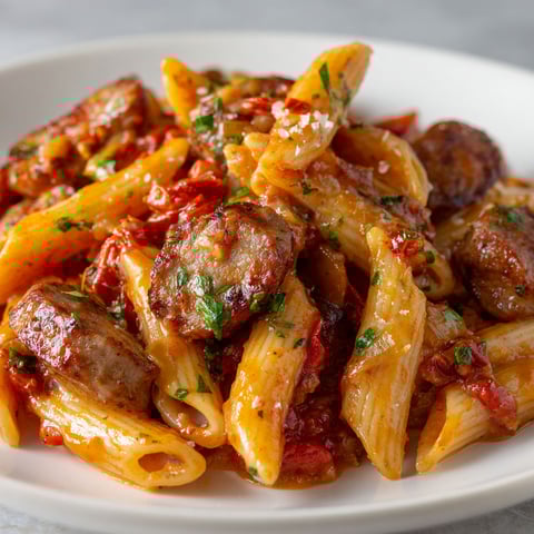 Un plat de pennes parsemés de saucisses italiennes et de tomates, servi avec des herbes, posé sur une table.