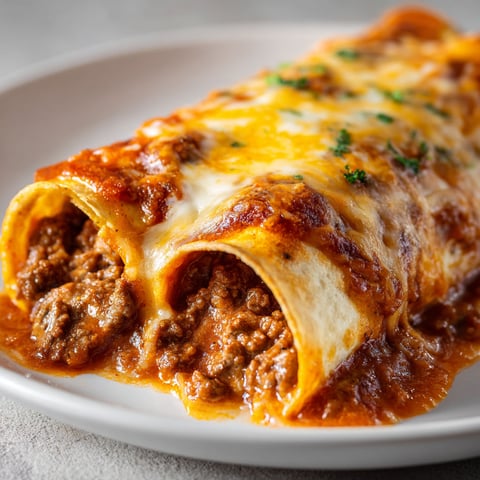Un rouleau d'enchilada au boeuf tout chaud et gourmand, posé sur un plat.
