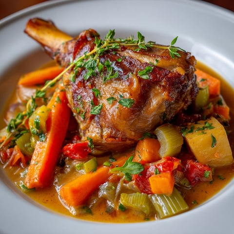 Une cocotte en fonte pleine de jarret de porc braisé et légumes tendres.